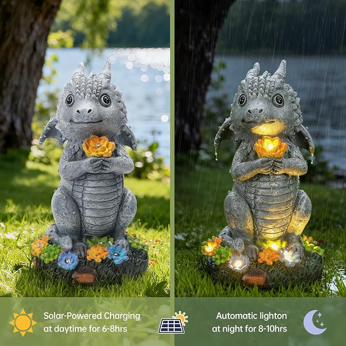 Solar Garden Outdoor Statues Dragon with Succulent, Lawn Decor with LED Lights, Outside Statue for Patio, Balcony, Yard Ornament, Housewarming Valentine's Day Gift for Wife Mom Grandma