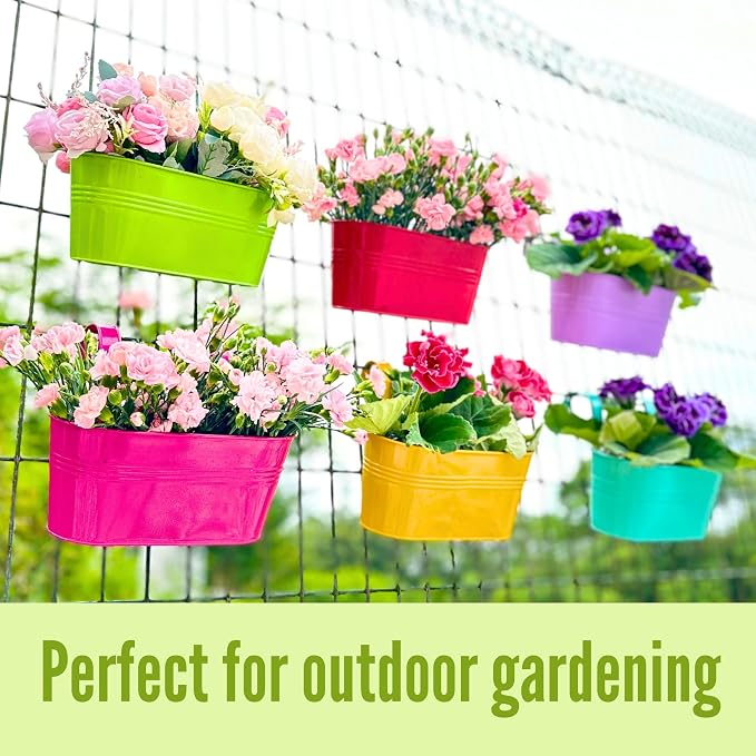 LaLaGreen Rail Planter (11.8 Inch, 6 Pack) Colorful Outdoor Hanging Flower Metal Planters Railing Fence Balcony Gardening for Apartment Patio Modern Garden Style Iron Deck Decoration Porch Decor Pots