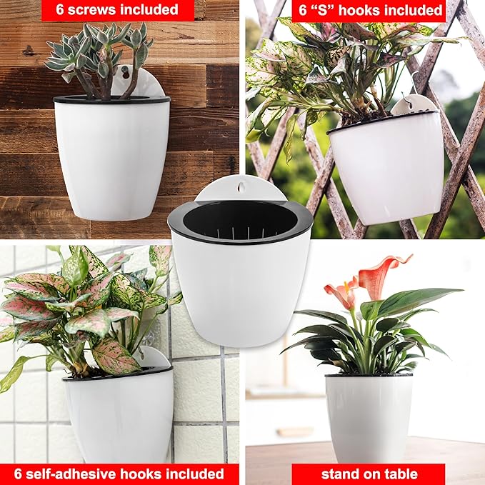 ORIMERC 4 Inch Self Watering Hanging Planters, Wall Mounted Plant Pots with Complete Accessories, Automatic Watering Flower Pots for Indoor Outdoor Garden, Succulents, Herbs, Home Décor, Set of 6