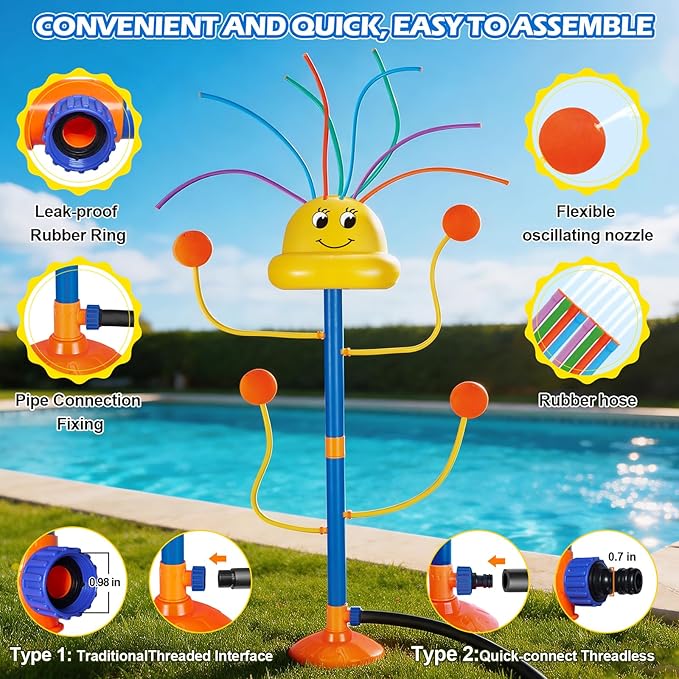 Water Sprinkler Outdoor Yard Toy for Kids, Summer Smile Face Rainbow Kids Sprinkler with 8 Wiggle Tubes 4 Nozzle, Water Sprinkler Outdoor Yard Lawn Toy for Kids for 3 4 5 6 7 8 Year Boy Girl