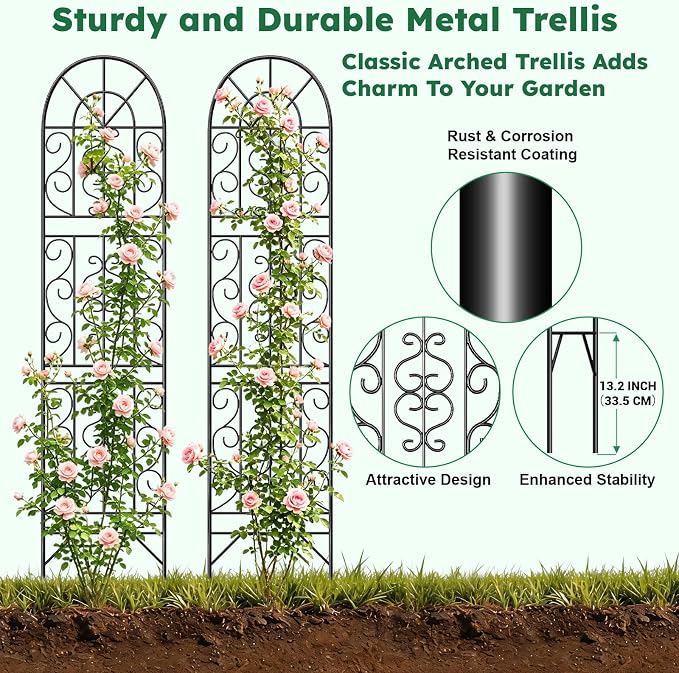 2 Pcs 60" H X 11.8" W Trellis for Climbing Plants Outdoor, Small Metal Garden Trellis for Outside, Sturdy Support Garden Plant Trellis Arch for Rose Cucumber Flower Vine Decor