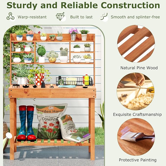 Giantex Potting Bench Table, Outside Solid Wood Gardening Table with Flip-up Tabletop, Storage Shelves, Indoor Outdoor Wooden Workstation for Patio Porch Balcony, Potted Plant Display Rack (Brown)