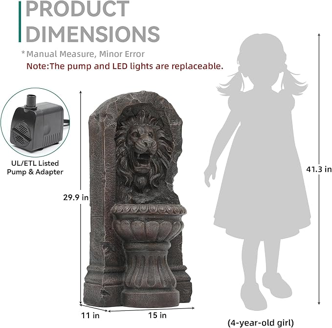 30" Lion Head Outdoor Water Fountain, Handcrafted Antique Stone Sculpture Garden Fountain, Warm LED-Lit Cascading Waterfall, Relaxing Fountains for Outside Garden Patio Yard Deck Floor Decor