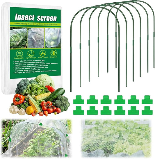 10 X 33 FT Garden Mesh Netting Kit Pest Barrier for Raised Beds, Fruit Tree Netting with 6 Sets Garden Hoops & 12 Clips for Cicadas Bird Insect, Blueberry Bush Netting Cover for Garden Protection
