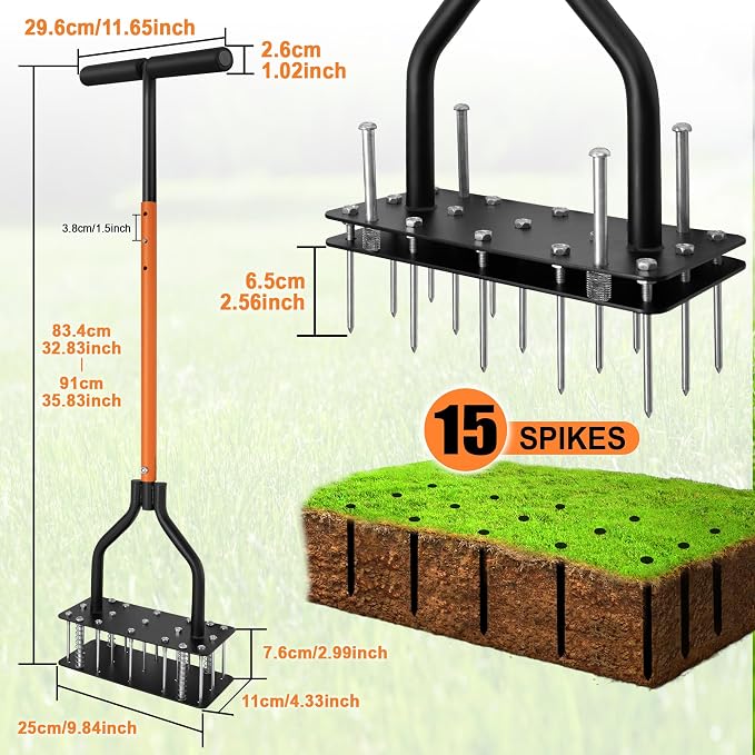 Lawn Aerator Tool, Manual Lawn Aerators with Padded T-Handle, 15 Solid Steel Spikes, Dual-Layer Design for Aeration in Lawn, Yard, Garden Soil (Include Gloves)