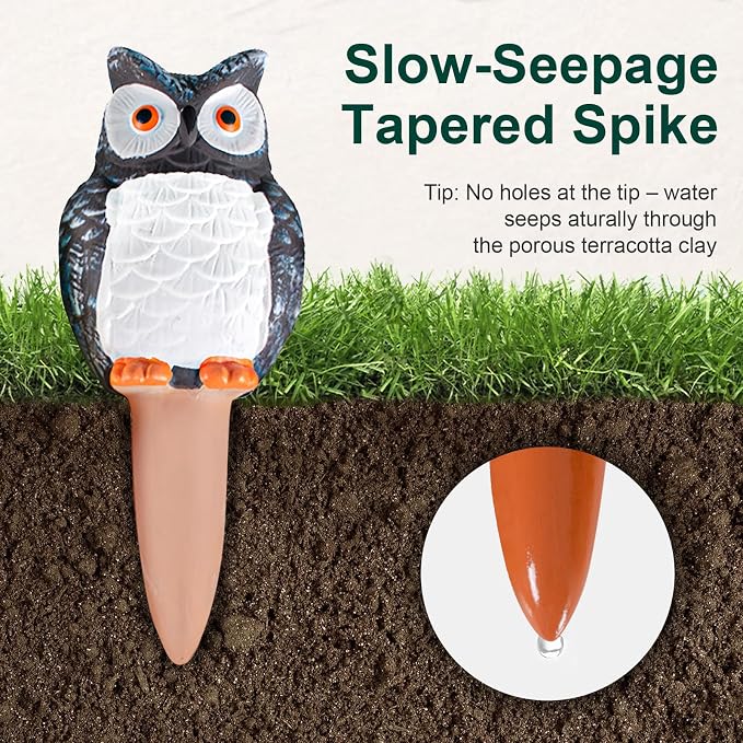 MCleanPin 4 Pack Self Watering Spikes and Globes, Handmade Terracotta Owl Self-Watering Plant Devices with Slow Release System, Automatic Water Bulbs for Indoor and Outdoor Garden Pots Vacation