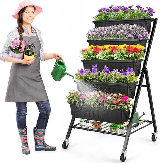 Homdox 4FT Vertical Garden Bed, 5 Tiers Vertical Raised Garden Planter, 25.6 * 26 * 48Inch Garden Raised Bed with 4 Hooks & 4 Wheels, Vegetable Flower Planter Raised Stand, Black with Storage Rack