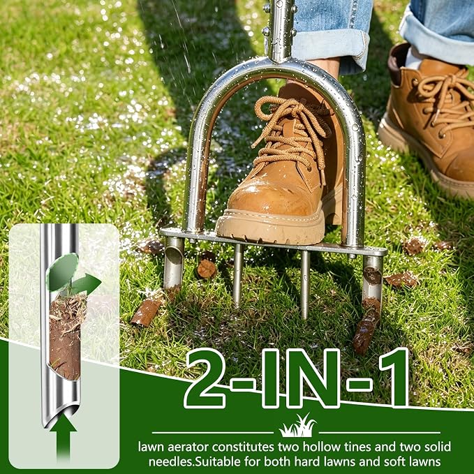 Manual Lawn Core Aerator Tool with 2 Hollow Tines & 2 Spikes, Adjustable Semi-Assembled Plug Aerator, Stainless Steel Grass Aerator for Lawn Care, Garden & Yard, Relieves Compacted Soil