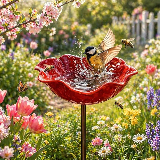 Handmade Metal Flower Garden Stake with Bird Bath & pollinator Water Station, Bee Bath for Garden Metal Bee Water Feeder with Flower Design for Outdoor Yard Decor