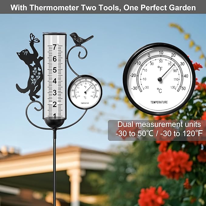 shumi Rain Gauge Outdoor with Thermometer Garden Decor, Bird and Cat Decorative Outdoor Rain Gauges for Yard Patio Lawn, Gardening Gifts for Women