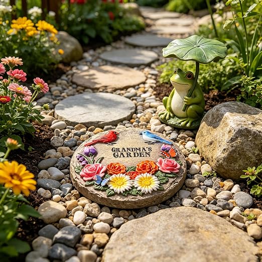 Grandma's Garden Stepping Stones for Mother's Day with Cardinal Robin Birds Flowers Butterflies, Round Resin Stepping Stones for Garden Yard Walkway Patio Grandma Gifts Birthday Retirement