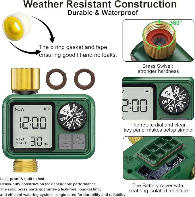 Water Timer for Outdoor Garden Hose, Sprinkler Timer for Garden Faucet with Auto/Manual/Rain Delay Mode, Sprinkler Irrigation Controller for Yard Lawn (1 Zones Brass Inlet & Outlet)