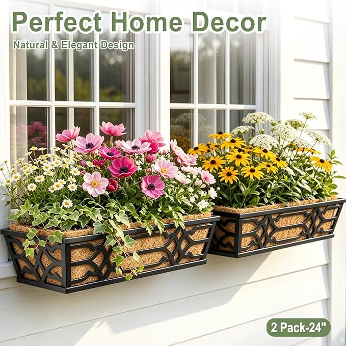 4 Pack 24 Inch Window Boxes Planters with PET Tray and Coco Liner, Metal Railing Planter Boxes for Outdoor Plants, Heavy Duty Hanging Garden Trough for Porch Deck Railing and Backyard Fence