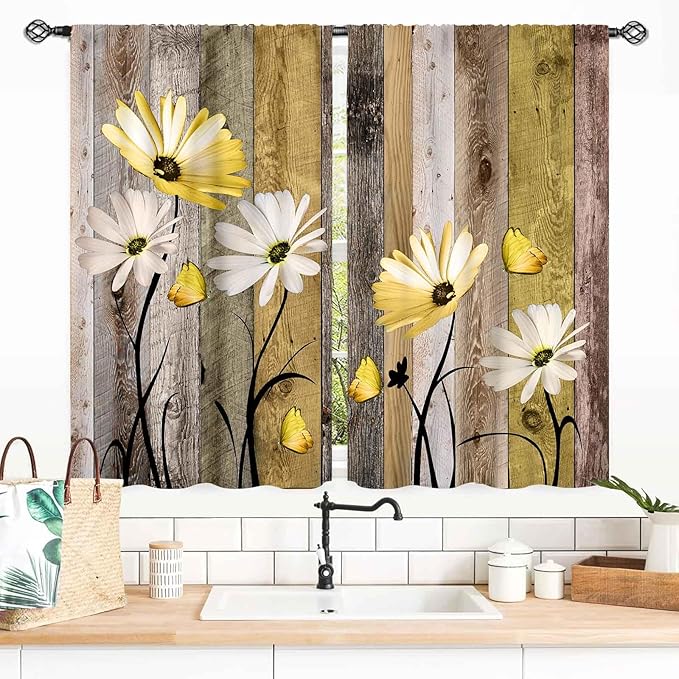 Farmhouse Daisy Curtains, Rustic Wooden Flower Retro Yellow White Floral Spring Butterfly Rural Country Style Small Short Window Curtains for Living Room Bedroom Kitchen Bathroom 2 Panels, 55x39 Inch