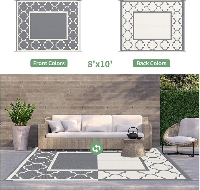 GENIMO 8 ' x 10 ' Outdoor Rug for Patio, Waterproof Indoor Outdoor Plastic Straw Rugs Carpet, Reversible Outside Area Mat for Camping, Balcony Porch, Deck, Picnic, Beach Grey & Beige White