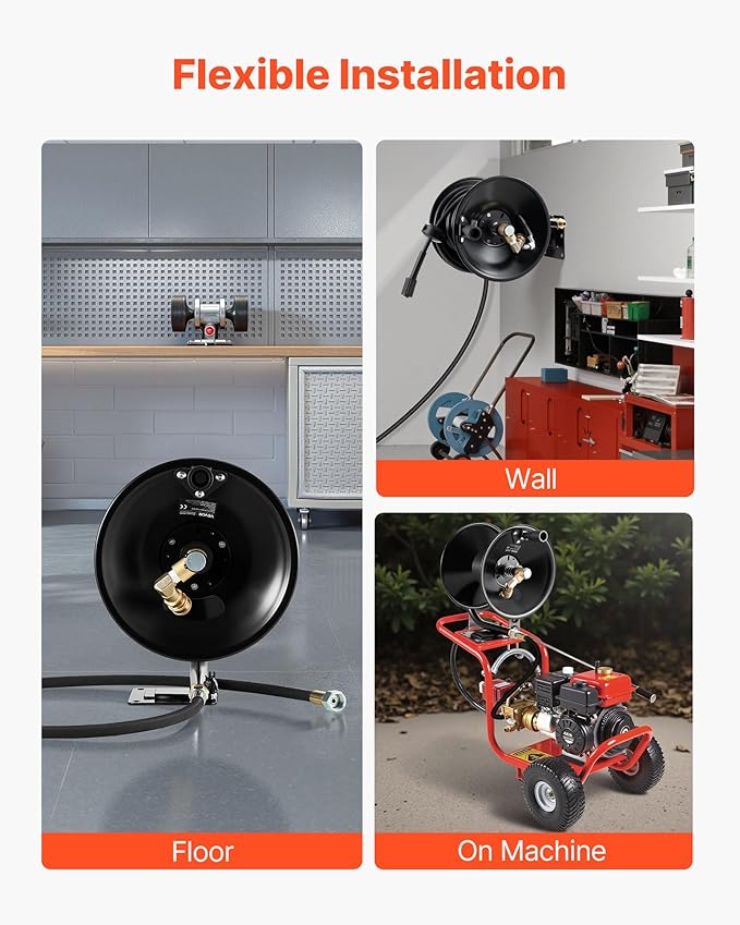 VEVOR Pressure Washer Hose Reel, 50 ft x 3/8 inch Heavy-Duty Steel Bracket-Mounted Pressure Hose Reel, Wall/Floor/Truck Mount, 4000PSI Max, Manual Power Hand Crank for Car/Floor Washing,Garden