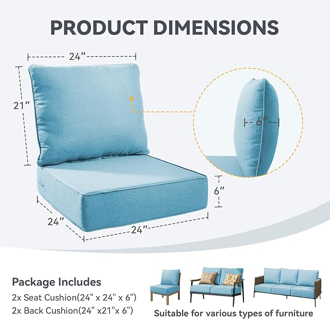 Outdoor Cushion Set for Furniture Patio Furniture, UV Resistant, Water Resistant - 6 Inch Thick Foam Garden Cushions– 24x24 Inch Patio Seat Covers for Chair/Sofa/Couch | Light Blue | 2-Pack |