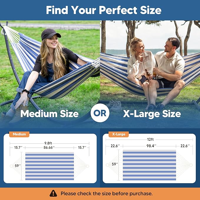 SUNCREAT Large Hammocks for Outside, Long Replacement Hammock Two Person for Stand, Blue White Stripes