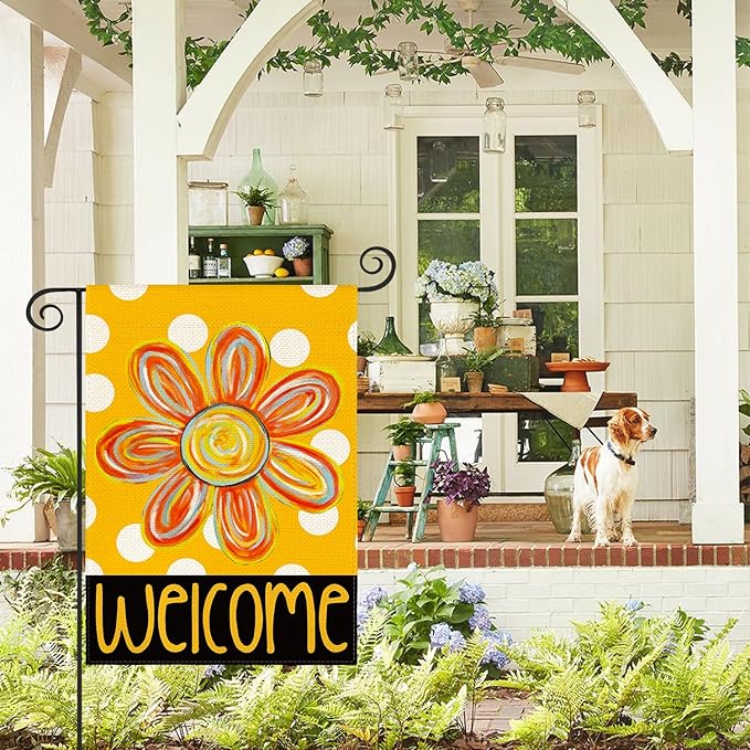 AVOIN colorlife Summer Floral Garden Flag 12x18 Inch Double Sided Outside, Polka Dots Welcome Seasonal Yard Outdoor Flag