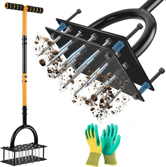 Lawn Aerator, Aerator Lawn Tool with 16 Spikes Spring Base and Gloves Pre-Assembled Manual Yard Aerator Tool Automatic Leaf and Dirt Cleaning for Yard Lawn Garden Aeration