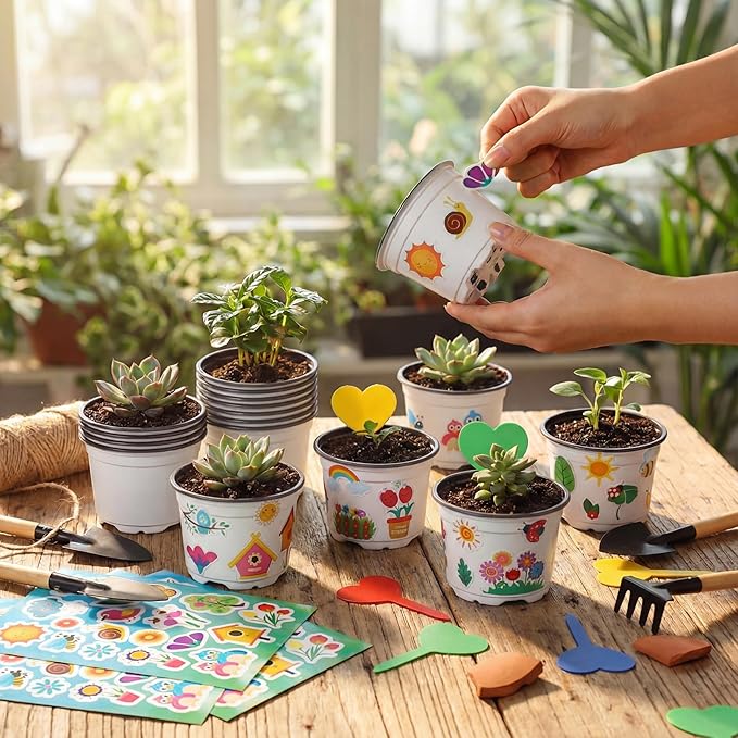 100 Sets Garden Pot Craft Kit, Flower Plant Spring Craft Including Plastic Nursery Plant Pots Labels Tags Stickers for DIY Flower Planting Growing Birthday Arts Kit (Simple)