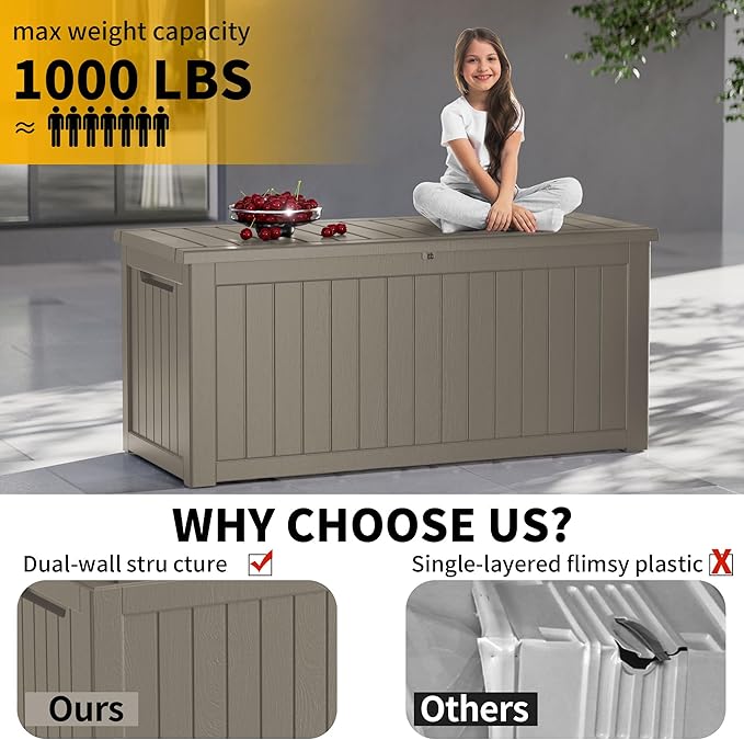 TARKARI 270 Gallon Outdoor Storage Box Waterproof, Resin Deck Boxes with Lockable Lid & UV-Resistant for Patio, Pool, Garden Furniture Cushions & Accessories, Coffee