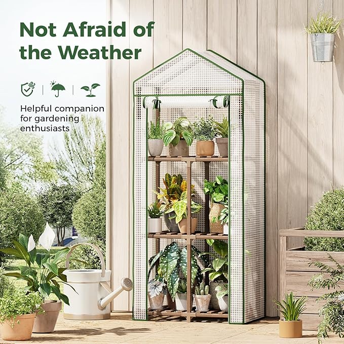 Bamworld Greenhouse for Outdoors Mini Greenhouse Indoor 3-Tier Plant Stand Portable Green Houses with PE Cover Durabled 23 x 17 x 54-Inch Wood Frame Invernaderos para Plantas
