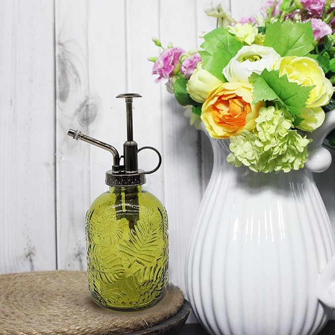 Glass Plant Mister Spray Bottle, 350ML Vintage Plant Spritzer, Succulent Watering Bottle Glass with Top Pump, Small Plants Sprayer Watering Can for Indoor (Yellow Green)