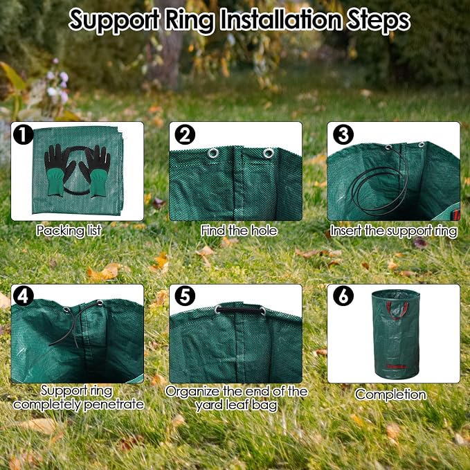 5-Pack 72 Gallon Yard Waste Bags,Reusable Collapsible Garden Leaf Bags with Plastic Ring,Standable,with Gardening Gloves,for Camping & Recycling Leaves,Lawn Debris & Grass Clippings