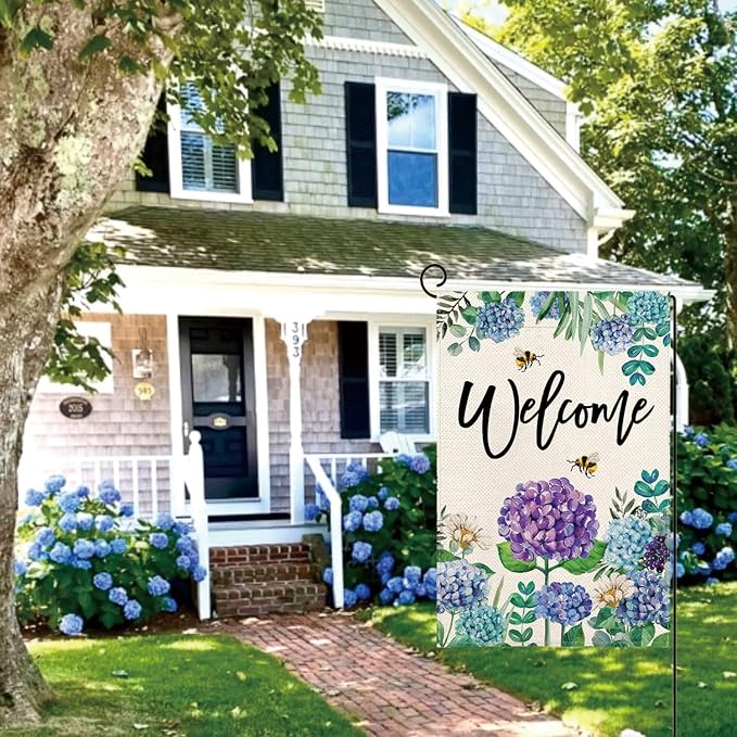 Baccessor Spring Summer Hydrangea Garden Flag Double Sided 12x18 Inch, Blue Purple Flower Floral Welcome Small Yard Flag Burlap Vertical Seasonal Farmhouse Yard Outdoor Decoration