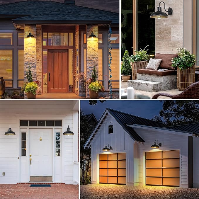 TOBUSA 2-Pack Dusk to Dawn Outdoor Wall Lights, 10’’ Waterproof Farmhouse Gooseneck Outdoor Barn Light, Anti-Rust Vintage Black&Gold Outside Wall Sconce Lights for House Porch Garage