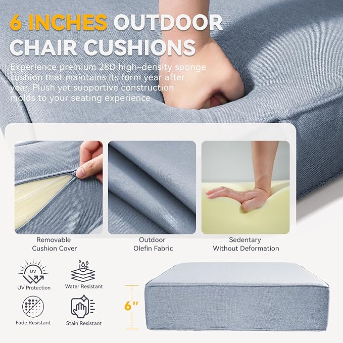 Outdoor Cushion Set for Furniture Patio Furniture, UV Resistant, Water Resistant - 6 Inch Thick Foam Garden Cushions– 24x24 Inch Patio Seat Covers for Chair/Sofa/Couch | Baby Blue | 3-Pack |