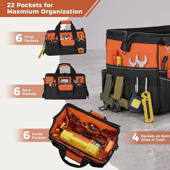 16-Inch Heavy Duty Tool Bag, 22 Pockets Empty Tool Box Organizer Storage, Soft Tote Toolbox Organization Portable Handle Carrying Work Toolbag, Father Day Gifts Men Electrician Mechanic, Orange