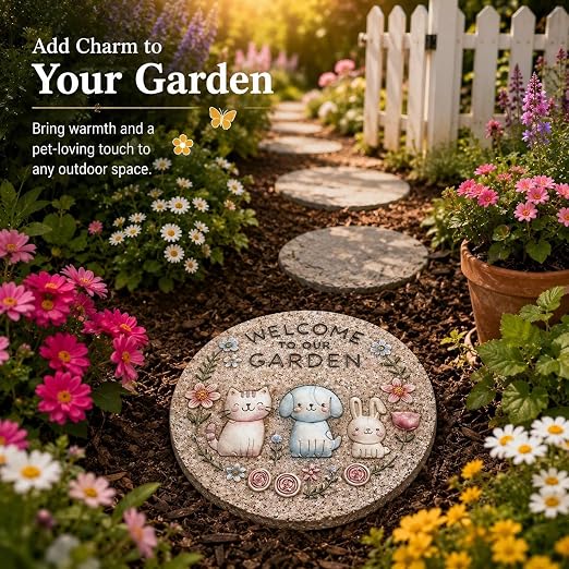 Garden Stepping Stones Outdoor, 9.8" Resin Pet Cat Dog Bunny Stepping Stone for Walkway Gardening Gifts, Spring Decorative Round Welcome to Our Garden Home Decor for Outside Yard Patio Lawn