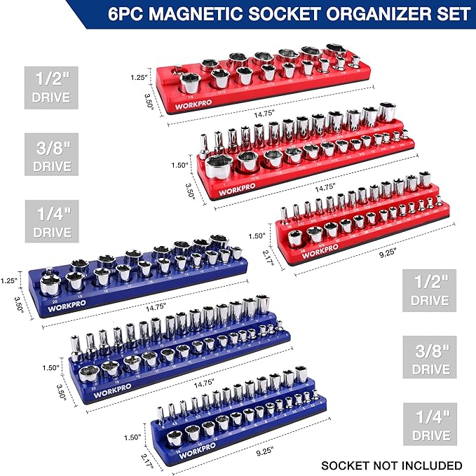 WORKPRO Magnetic Socket Organizer Set, 6-Piece Socket Holder Set Includes 1/4", 3/8", 1/2" Drive Metric SAE Socket Trays, Holds 143 Pieces Sockets, Christmas Gift for Men(Socket not Included)