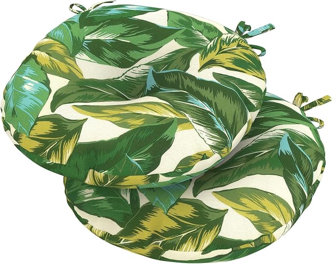 DYTXIII Set of 2 Outdoor Round Chair Cushions 15"x15"x4" with Ties, Water Repellent Tufted Bistro Seat Cushions, Thick Patio Chair Pads for Bar Stool, Garden & Dining Furniture - Lush Leaf Jungle