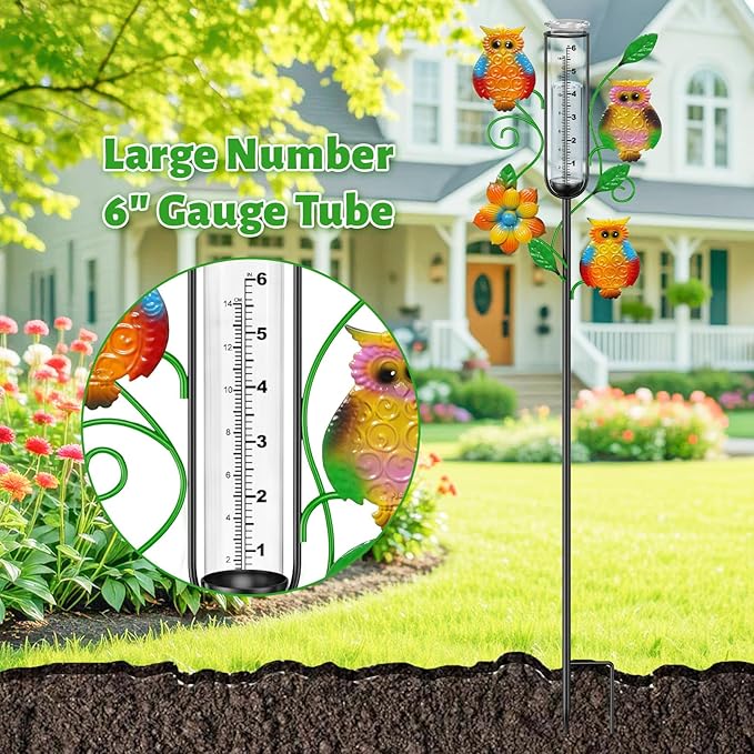 Owl Rain Gauge Outdoor, Metal Rain Gauges Stake with 6“ Glass Tube, Decorative Rain Gauges for Yard Garden Lawn for Precipitation Measurement