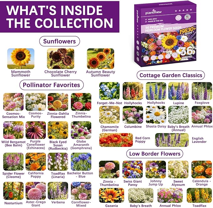 Wildflower Seeds Mix 1/2 lb, 19830+ Seeds Perennial& Annual 36 Varieties Flower Seeds for Planting，Non-GMO Heirloom Bulk Wild Flower Seeds for Indoor & Outdoors, FlowerSeed Packets for Home Garden