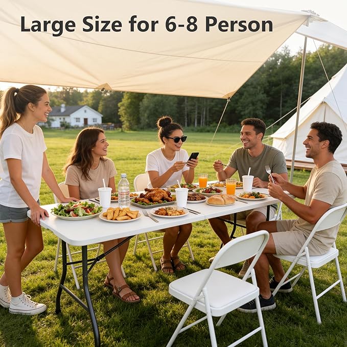 Folding Table, 6 FT Foldable Plastic Table with Carrying Handle, Heavy Duty Portable Fold-in-Half Utility Table for Party, Camping, Banquet, Craft, Wedding, Indoor & Outdoor Use