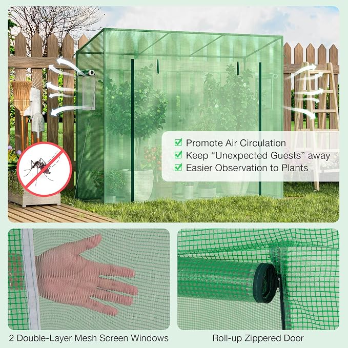 Giantex Walk-in Greenhouse, 4 Ground Stakes & Ropes, Outdoor Portable Mini Greenhouse w/ PE Cover, Heavy-Duty Metal Frame, Roll-up Zipper Door, Double-Layer Screen Windows, 6.6 x 2.5 x 5.6 FT