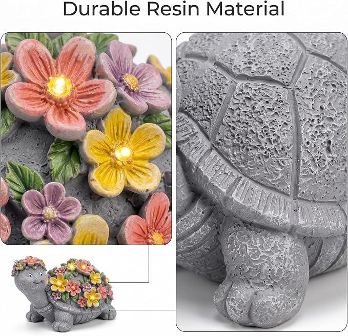 Solar Turtle Statues Garden Decor - Cute Turtle Figurine with Flowers Solar Lights, Tortoise Statue for Outdoor Yard, Lawn, Patio Decoration - Birthday Gifts for Mom Grandma Women