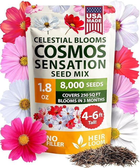 HOME GROWN Cosmos Flower Seeds Bulk Pack for 2026 (1.8 oz) 8,000+ Heirloom Annual Wildflower Seeds Pollinator-Friendly Mix for Pollinators & Outdoor Gardens