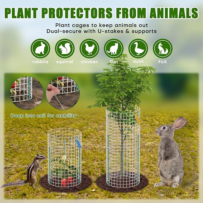 10-Set 12” x 16” Plant Protectors from Animals, Hot-Dip Galvanized Metal Mesh Plant Cages, Dual-Secure with U-Stakes & Supports, Animal Barrier to Keep Rabbits & Chickens Out of the Garden