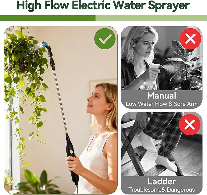 High Reach Electric Plant Waterer for Indoor Hanging Plants,Telescoping Indoor Water Sprayer Wand with Pump, 180° Adjustable Watering Nozzle High Flow Leakproof Design