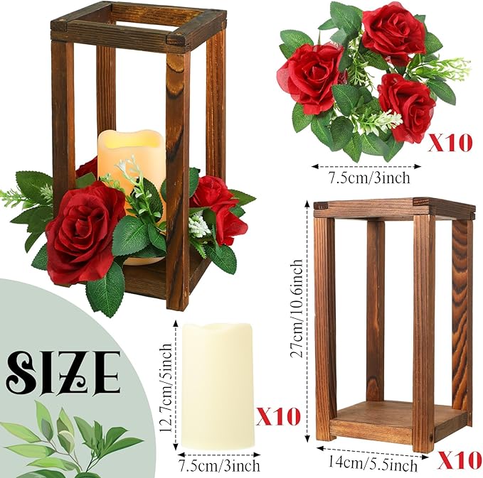 Hushee 30 Pcs Integrated Wedding Lantern Centerpiece Rustic Wooden Holder with Candles and Rings Farmhouse Candle Lantern Decor for Home Valentine Wedding Party Table Decor (Brown and Red)
