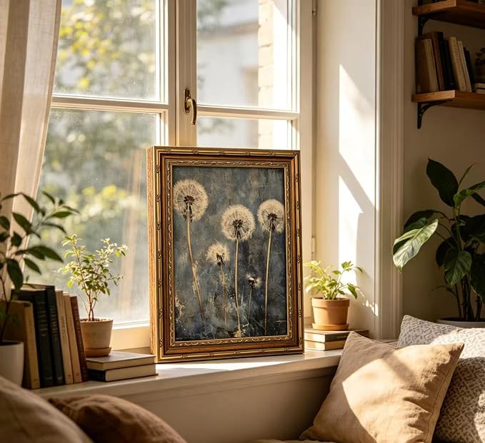 Vintage Gold Framed Dandelion Wall Art Moody Cottagecore Dandelion Painting Canvas Print Gothic Dark Plant Print Poster Wall Decor Retro Moody Plant Floral Poster Artwork for Bedroom Living room