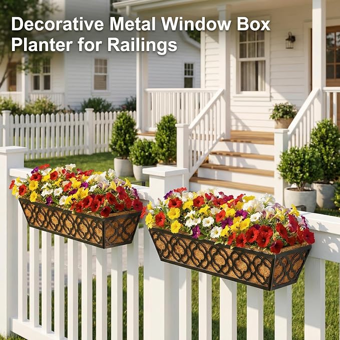 HFHOME 24 Inch Railing Planter Box with Coco Liner, 24" Window Boxes Horse Trough with Coconut Coir Liner, Black Metal Hanging Flower Planter Basket Railing Planter for Outdoor Indoor Lawn - 2 Pack