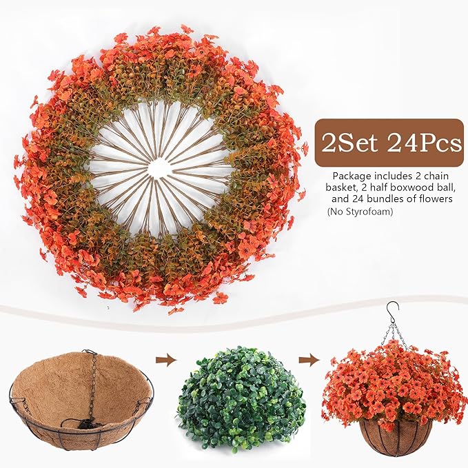 Hananona 24 Pcs Artficial Outdoor Flowers with Hanging Baskets, Orange Fall mums 2 Pack Hanging Planter with Outdoor Fall Flowers for Autumn Porch Garden and Home Patio Yard Decor (2, Orange)