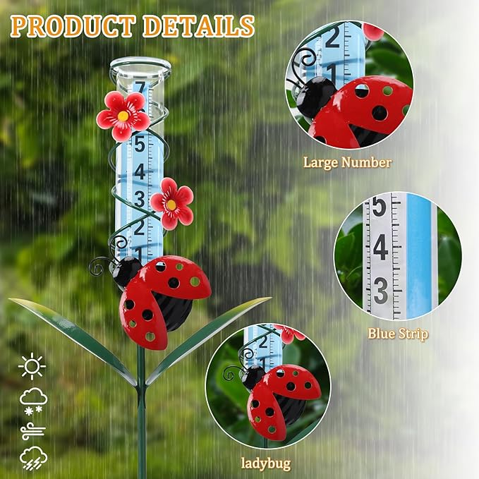 WONDER GARDEN Rain Gauge Outdoor, Decorative Ladybug Rain Gauges Outdoors Best Rated, Freeze Proof Glass Water Rain Measure Gauge with Flower for Yard Patio Lawn Decor