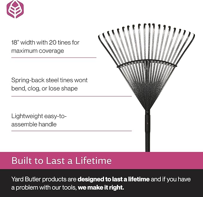 Yard Butler ILT-20 World’s Greatest Rake Garden Rake for Lawncare - Convenient Garden Cleaning Accessory - Lightweight Wooden Handle - Steel Tines - Easy to Maneuver